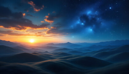 Fototapeta premium Balance of day and night, surreal sunset and transition of the sky of stars, luminous orange and blue horizon over serene hills