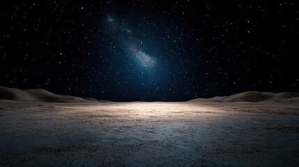 Ethereal landscape with vast, barren terrain illuminated by a starry night sky displaying a galaxy and distant celestial objects above a textured ground.
