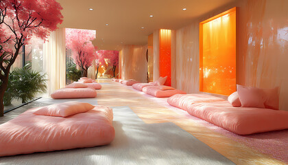 Serene Shambhala meditation hall with vibrant decor, inviting peaceful reflection and mindfulness practice