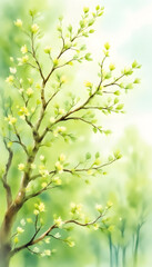 Obraz premium Green Budding Trees. light and air spring composition. Watercolor painting.