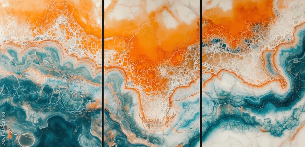 Poster abstract triptych: teal and orange: a mesmerizing abstract triptych featuring swirling teal and oran