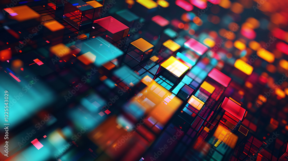 Poster abstract digital landscape with colorful cubes