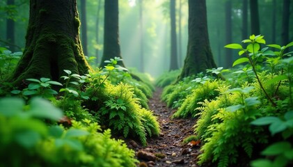 Fototapeta premium Dense ferns and moss carpet a misty forest floor, moss, woodland