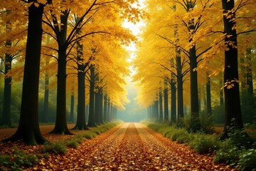 Dense canopy of trees in autumn glory with yellow and light green leaves, autumn forest, forest scenery