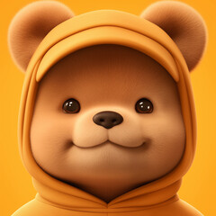 3D Teddy bear in orange hood on orange backdrop, illustration
