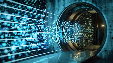 Futuristic data center corridor with glowing led lights