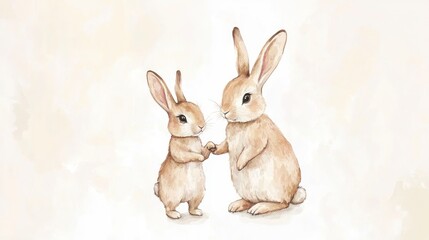 Obraz premium Watercolor, cute and adorable baby bunny standing next to mother rabbit, holding hands. Clipart vector illustration on a white background, with a soft beige color tone