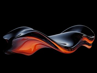 Abstract fluid shape with glossy black and fiery orange hues against black background