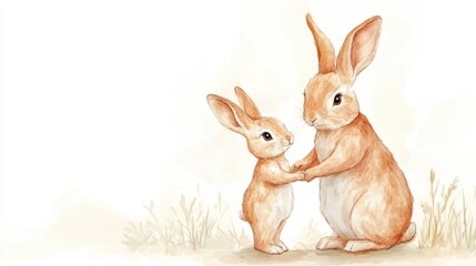 Watercolor, cute and adorable baby bunny standing next to mother rabbit, holding hands. Clipart vector illustration on a white background, with a soft beige color tone