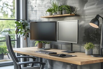 A modern standing desk in a Scandinavian office featuring a dual monitor setup, ergonomic chair, and indoor plants