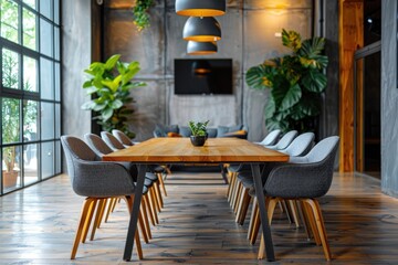 Bright Scandinavian office featuring a communal oak table, ergonomic chairs, and soft natural light