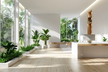 Bright and airy Scandinavian office featuring open spaces, simple furniture, and lush plants enhancing productivity