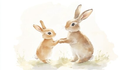 Watercolor, cute and adorable baby bunny standing next to mother rabbit, holding hands. Clipart vector illustration on a white background, with a soft beige color tone