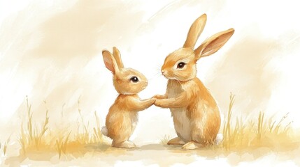 Watercolor, cute and adorable baby bunny standing next to mother rabbit, holding hands. Clipart vector illustration on a white background, with a soft beige color tone