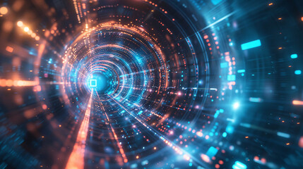 Futuristic digital tunnel with light streaks