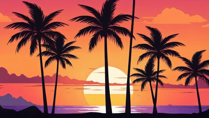 Obraz premium A mesmerizing Tropical Sunset showcasing silhouettes of Palm Trees against Vibrant Colors