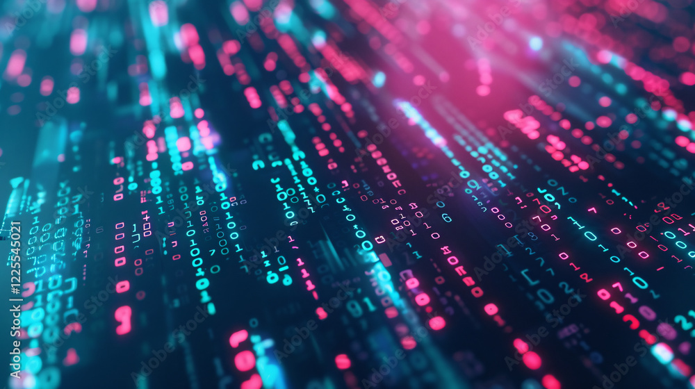 Fototapete Abstract background of binary code flowing with a blue and red digital bokeh effect