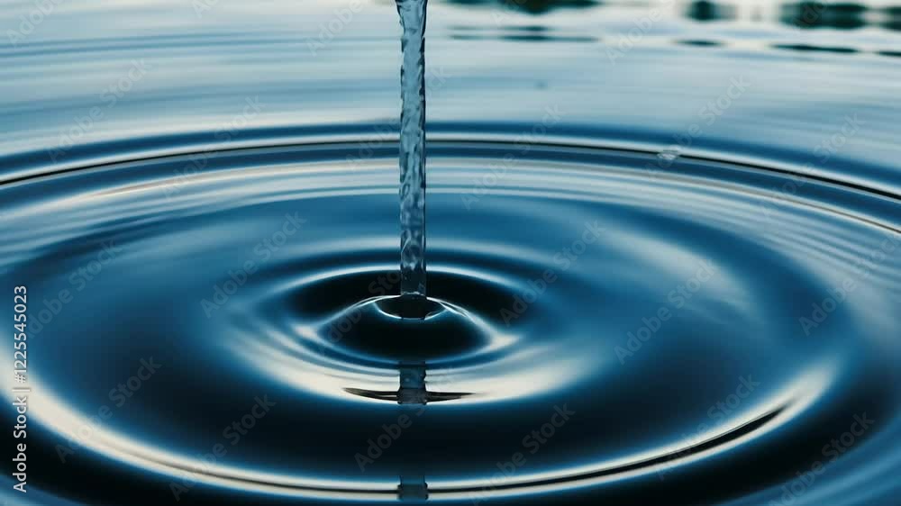 Poster droplets break the calm surface of water, creating concentric ripples that spread out in a peaceful 