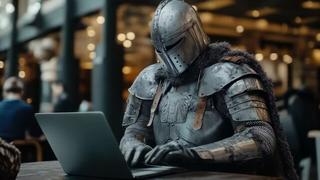 Viking warrior in full armor working on a modern laptop in contemporary office setting. History and technology, symbolizing contrasts, digital transformation, and innovation.