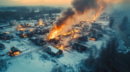 A gripping visual of a residential street lined with burning buildings amidst thick smoke, embodying the unexpected disasters that communities face

