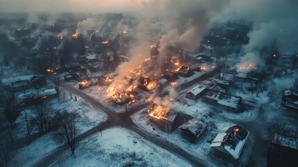 Obraz premium A gripping visual of a residential street lined with burning buildings amidst thick smoke, embodying the unexpected disasters that communities face 