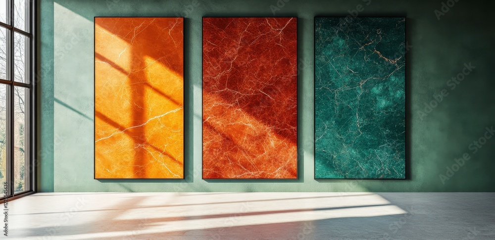 Poster triptych of abstract art: three large, vertically oriented abstract canvases in shades of burnt oran