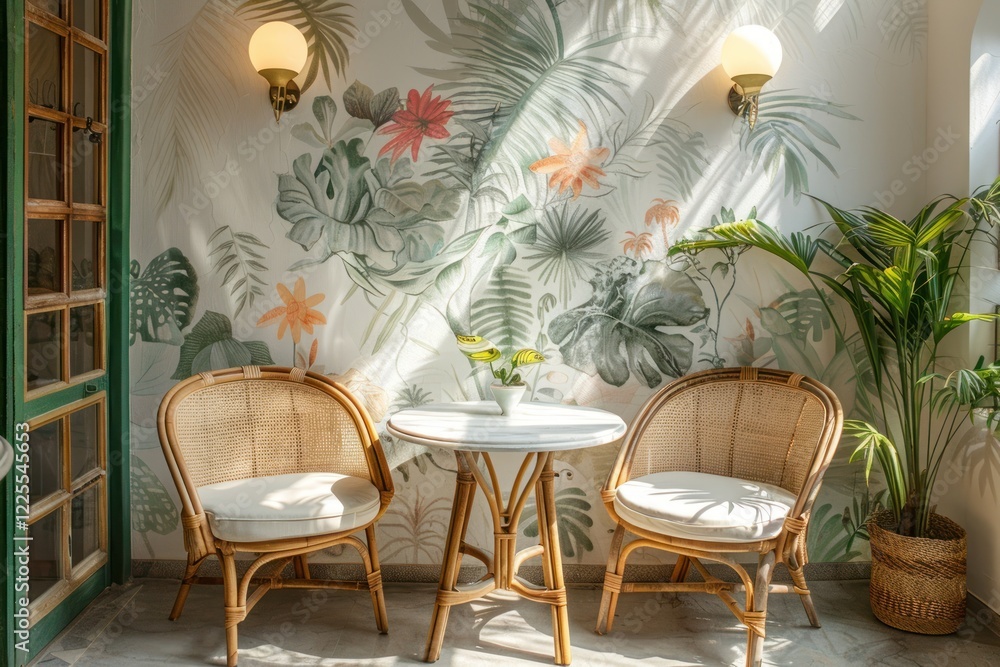 Poster bright and elegant cafe nook features a round marble table and charming wicker chairs under soft nat