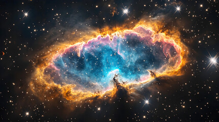 Obraz premium Colorful nebula with bright stars and interstellar clouds glowing in deep space, showcasing vibrant orange, blue, and pink hues surrounded by a dark cosmic background