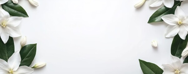 A serene arrangement of white flowers and green leaves on a blank background, perfect for a fresh, natural aesthetic.