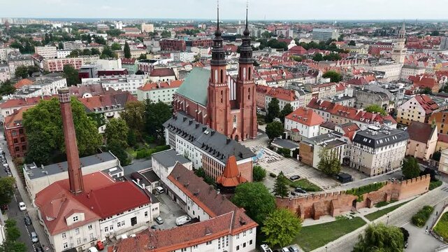 Flight over Opole historic landmarks in Poland