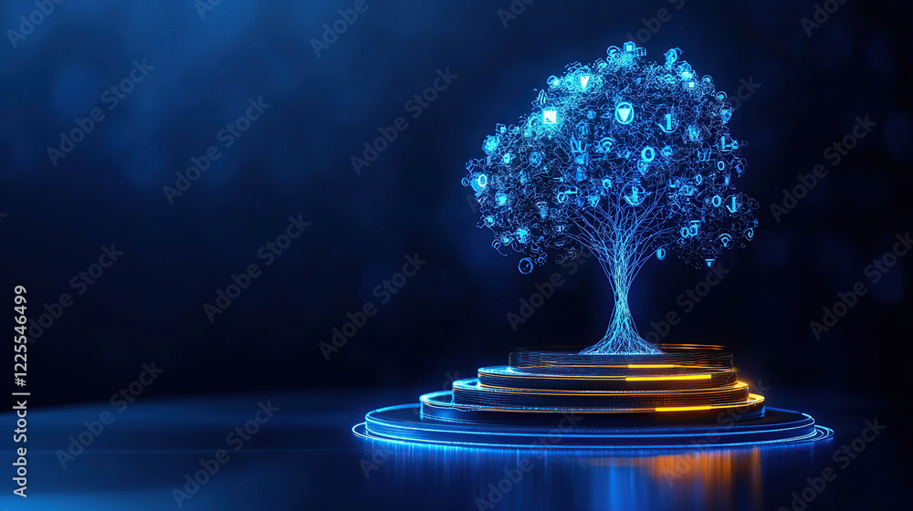 Poster glowing digital tree adorned with data metrics and symbols stands on futuristic platform, symbolizin