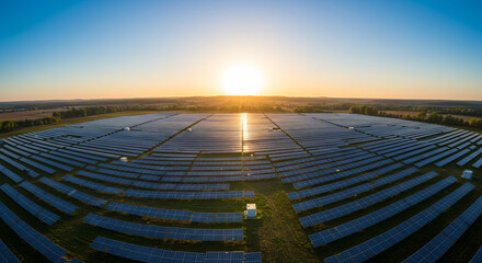 Aerial View of Vast Solar Farm at Sunset, Renewable Energy Power Generation