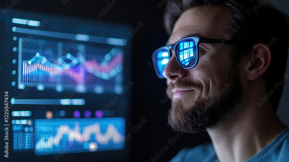 Aufkleber man with glasses is analyzing glowing branding dashboard, reflecting graphs and data on his lenses, 