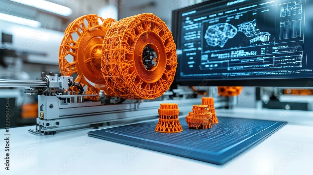 Poster additive manufacturing process showing orange 3d printed objects