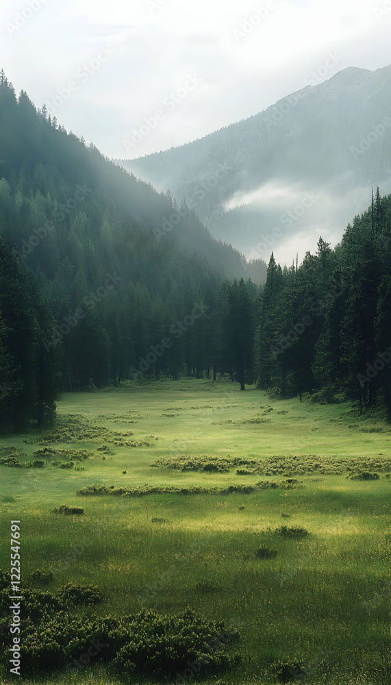 Poster vast open field of green grass with forest in background -