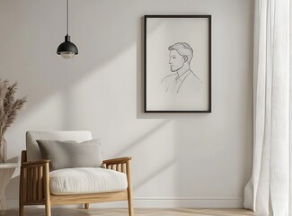 Minimalist Scandinavian living room with an elegant armchair, black lighting fixture, and a framed line art portrait of a man on a white wall