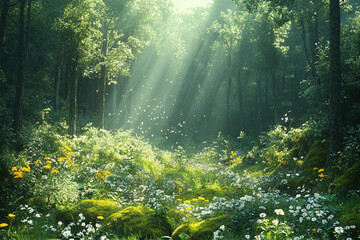 Obraz premium Spring Forest: A dense, moss-covered forest where sunlight filters through tall trees, illuminating vibrant green foliage and delicate wildflowers peeking through the underbrush