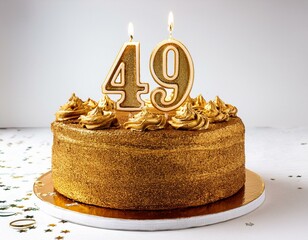 Decorated gold cake for birthday or anniversary party, candle number 49, white background