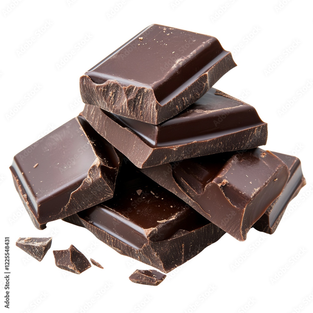 Poster A close up shot of several broken pieces of dark chocolate piled together with some smaller fragments scattered around.