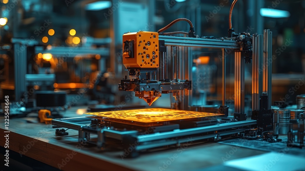 Poster orange 3d printer creating detailed pattern layer