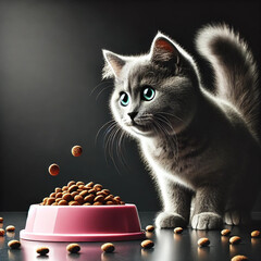 Gray kitten near a bowl of dry food