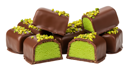 Set of Matcha green tea chocolate bars with pistachio filling isolated on transparent background
