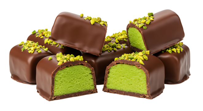 Set of Matcha green tea chocolate bars with pistachio filling isolated on transparent background
