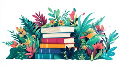 Vibrant Stack of Books Surrounded by Lush Leaves and Plants - Educational Reading Concept