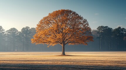 Autumn tree in misty field, sunrise, nature scene, serene landscape, website background
