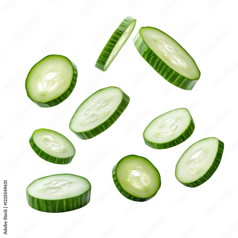 Poster The image shows multiple slices of fresh green cucumber falling against a black background.