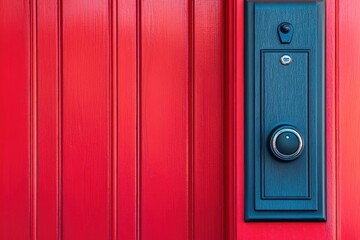 Bright red door with modern doorbell and doorknob in a residential setting