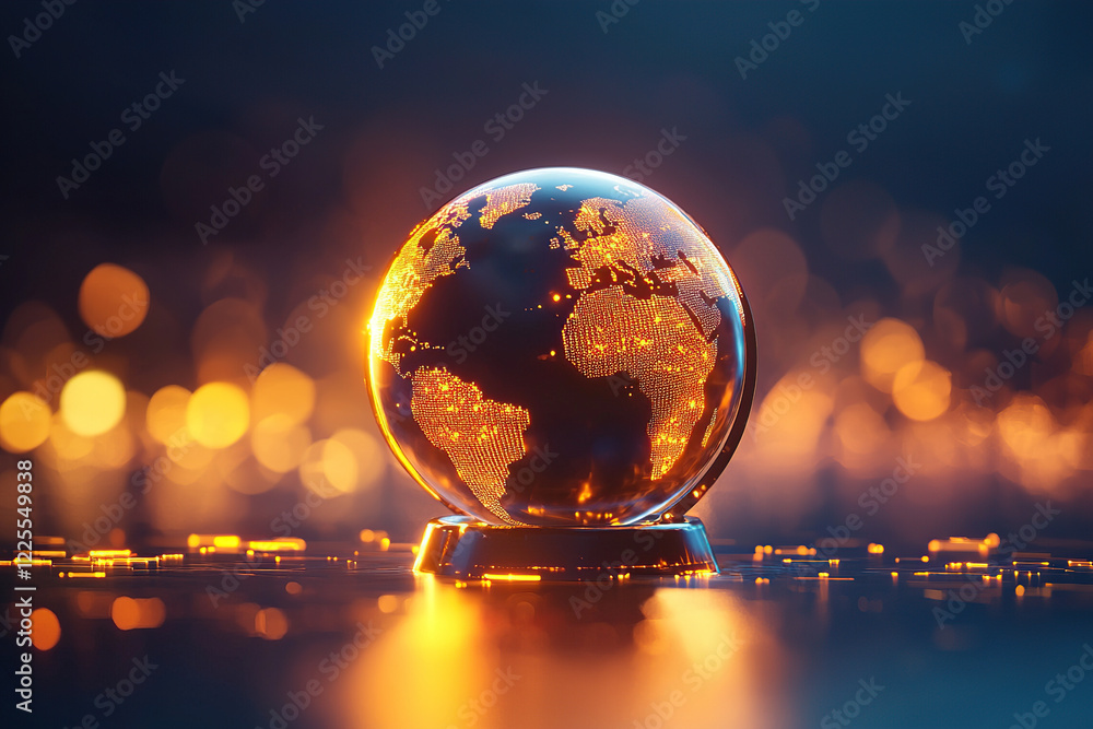 Poster surreal globe encircled by glowing streams of light, symbolizing global connectivity and innovation.