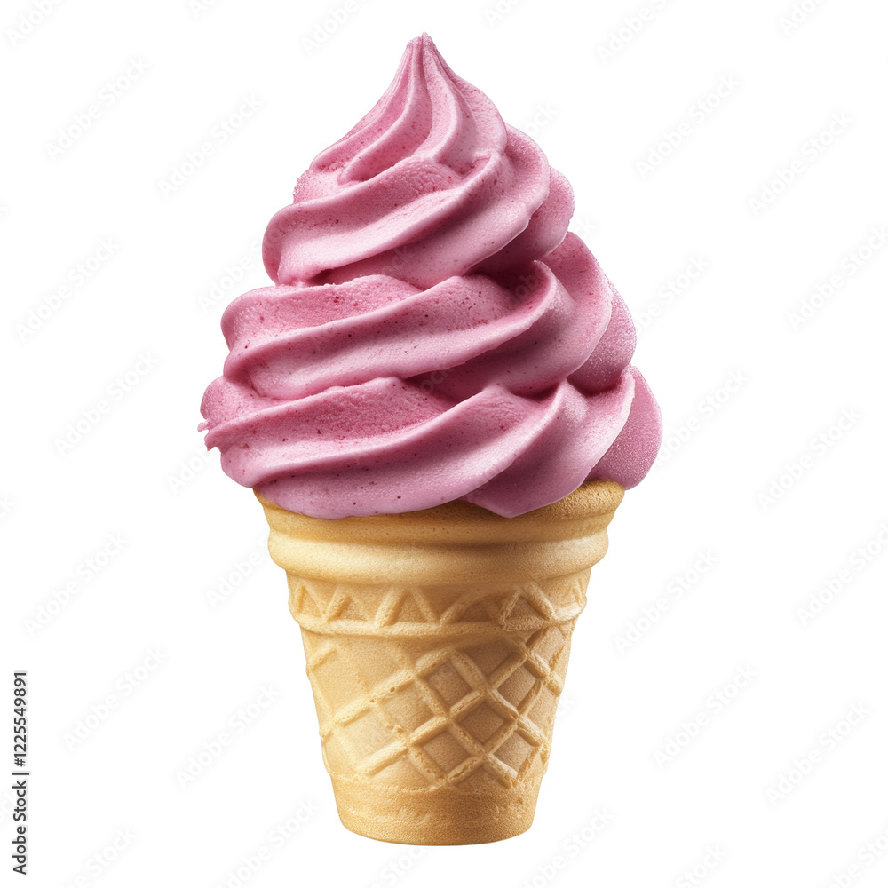Aufkleber A single serving of pink swirl soft serve ice cream in a waffle cone against a black background.