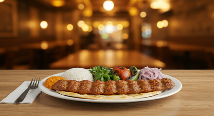 Delicious Turkish Adana Kebab with Rice, Salad, and Bulgur